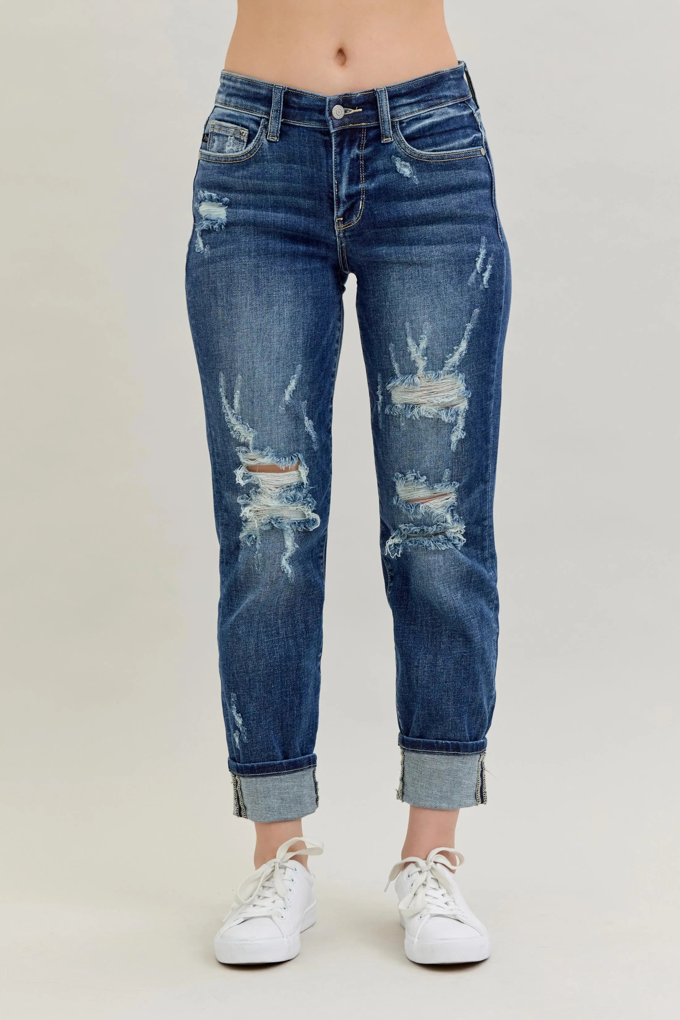 Judy Blue Full Size Mid Rise Cuffed Destroy Bf Jeans Plus Size OutfitFlow