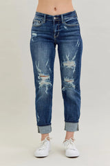Judy Blue Full Size Mid Rise Cuffed Destroy Bf Jeans Plus Size OutfitFlow