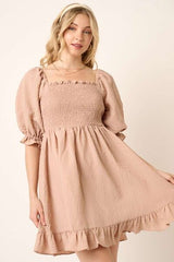 Mittoshop Smocked Ruffled Hem Half Sleeve Mini Dress OutfitFlow
