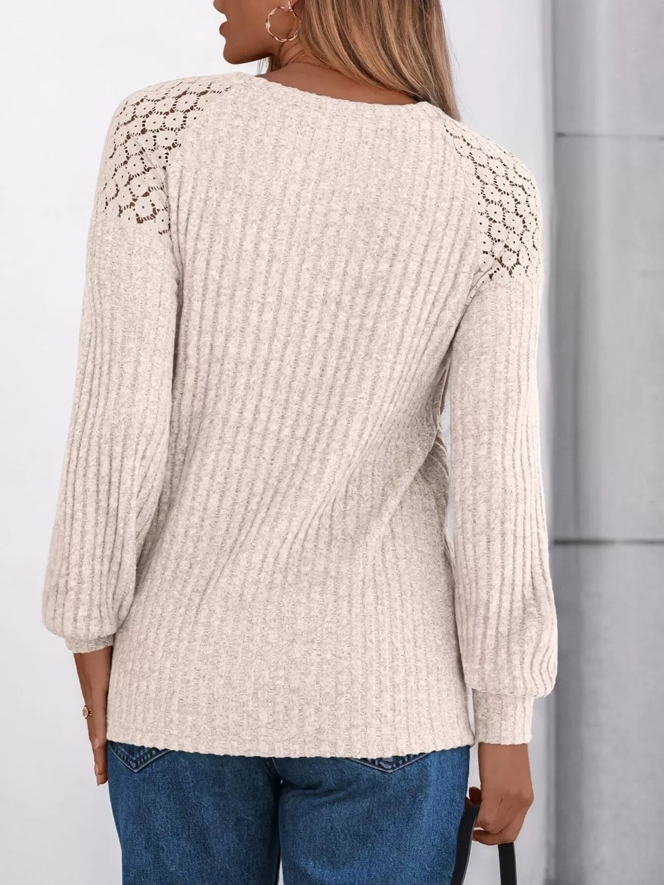 Ribbed Knit T-Shirt with Lace Shoulder Detail OutfitFlow