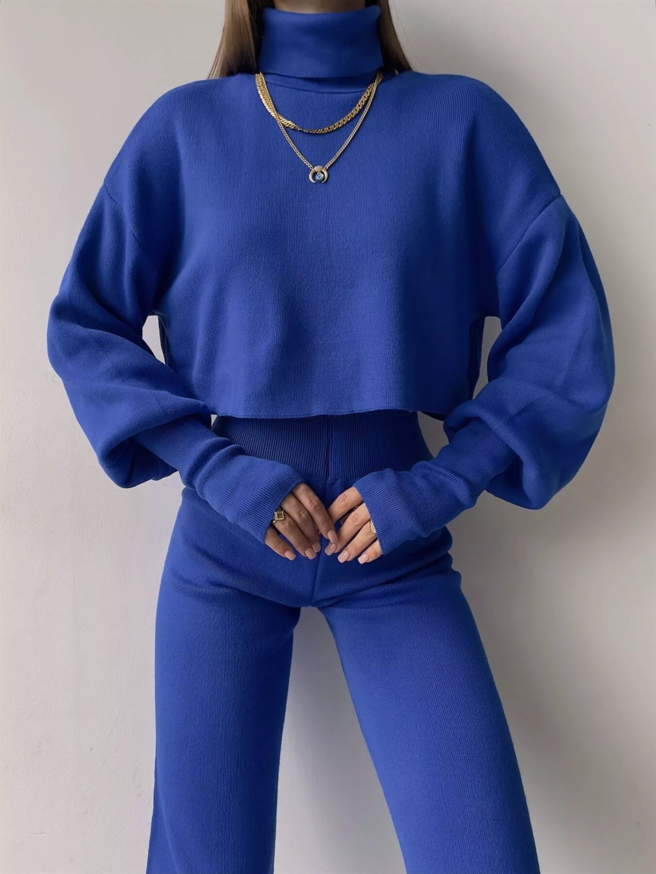 Turtleneck Long Sleeve Top & Pants Set Blue OutfitFlow