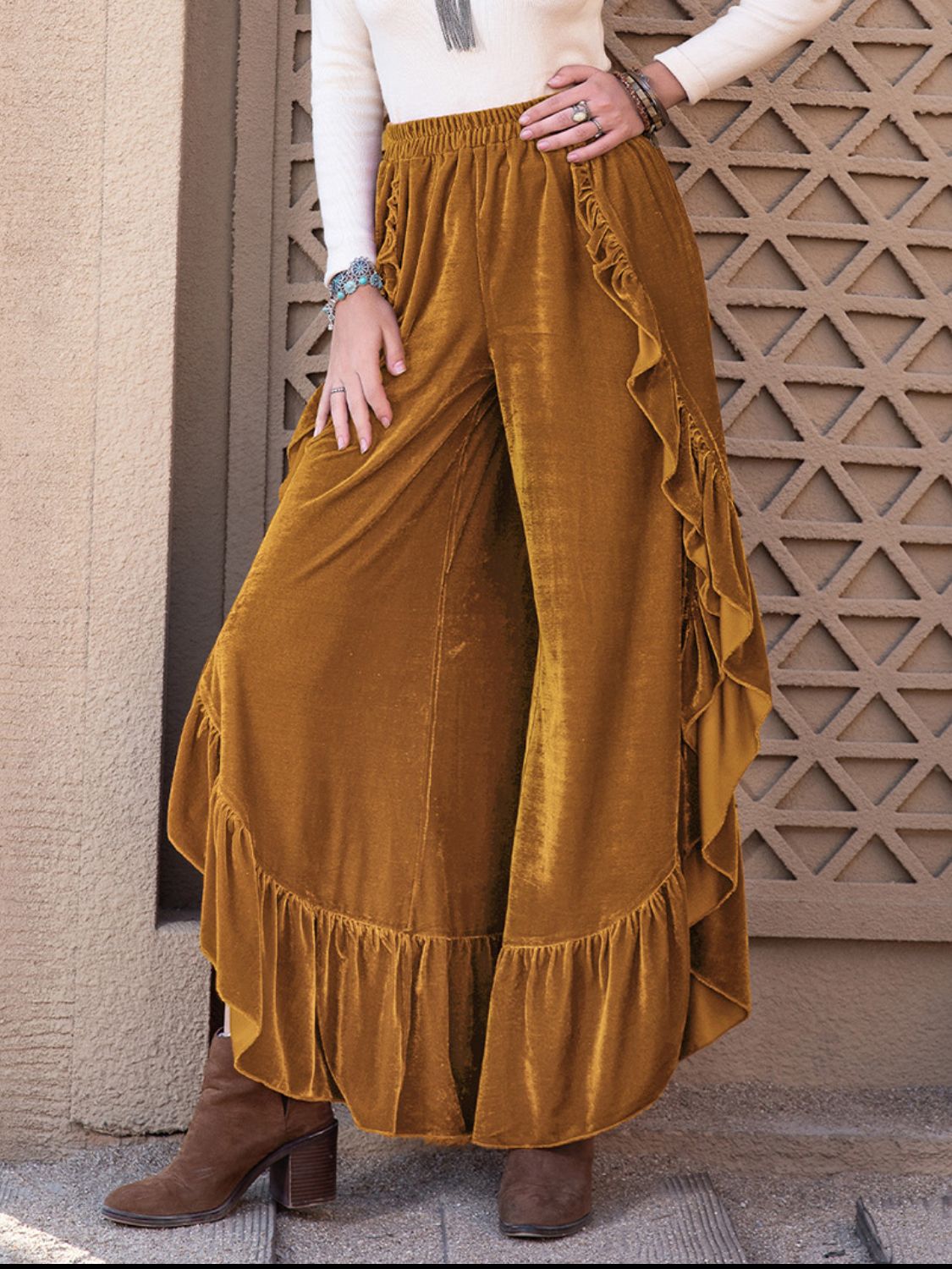 Slit Ruffled Wide Leg Pants Caramel OutfitFlow