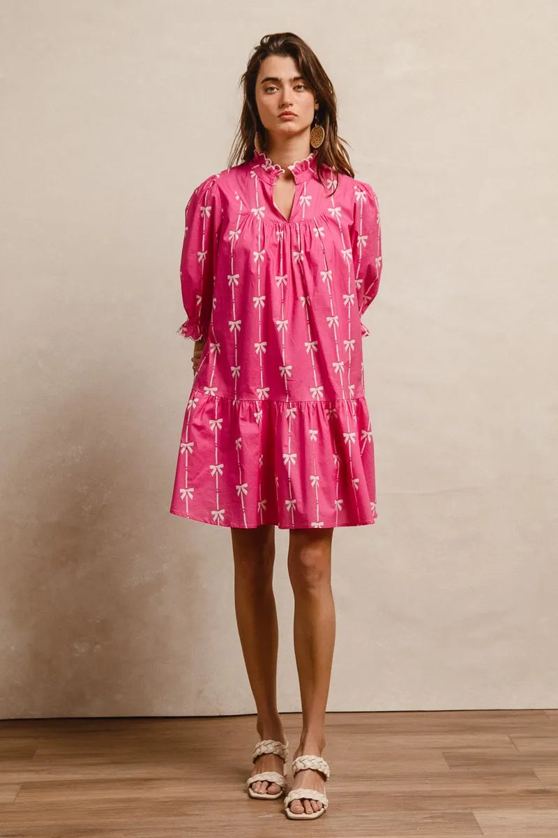 BiBi Ribbon Patterns With Scallops Edge Details Short Sleeve Dress OutfitFlow