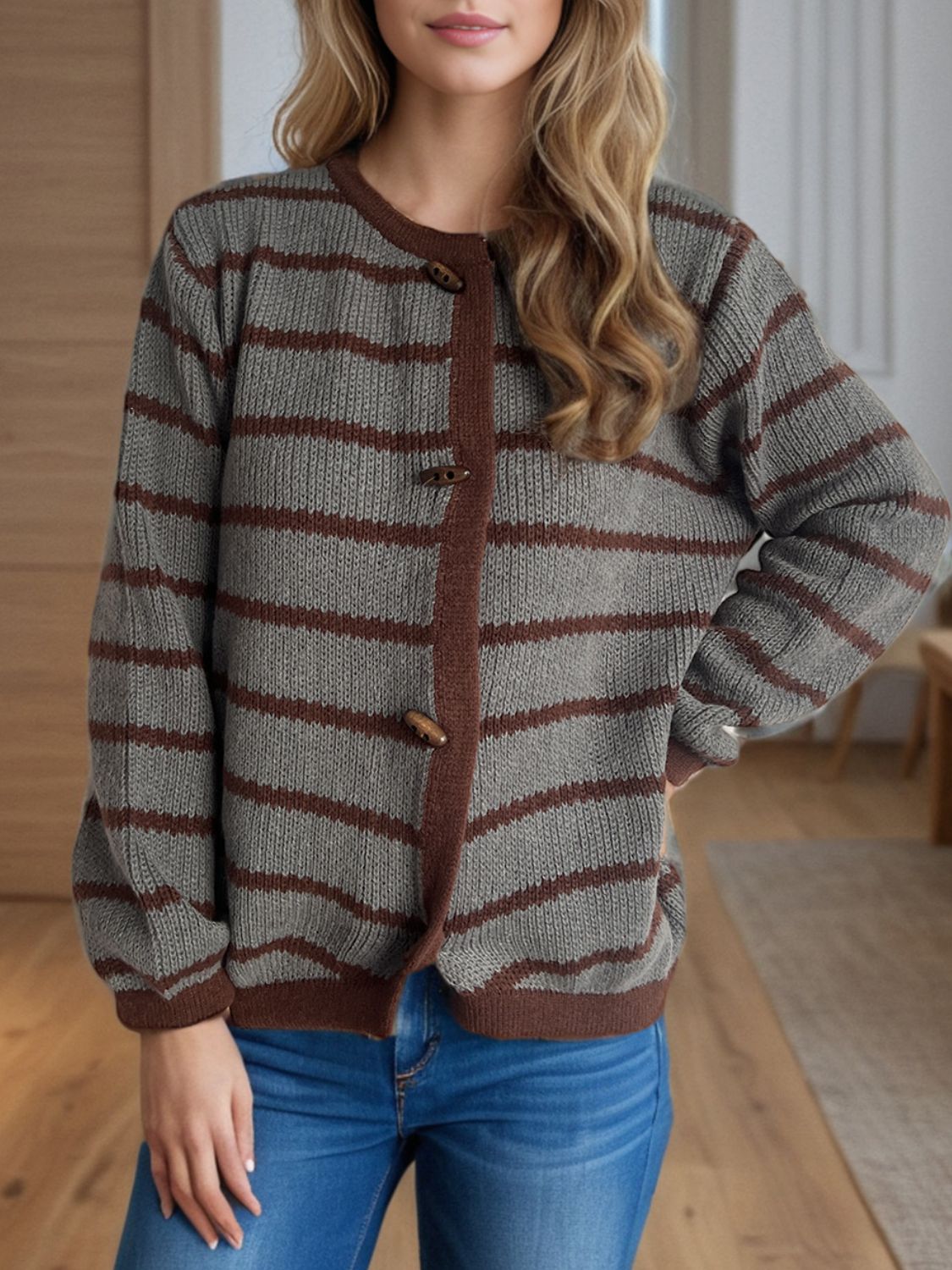 Outfit Flow - Striped Round Neck Long Sleeve Cardigan