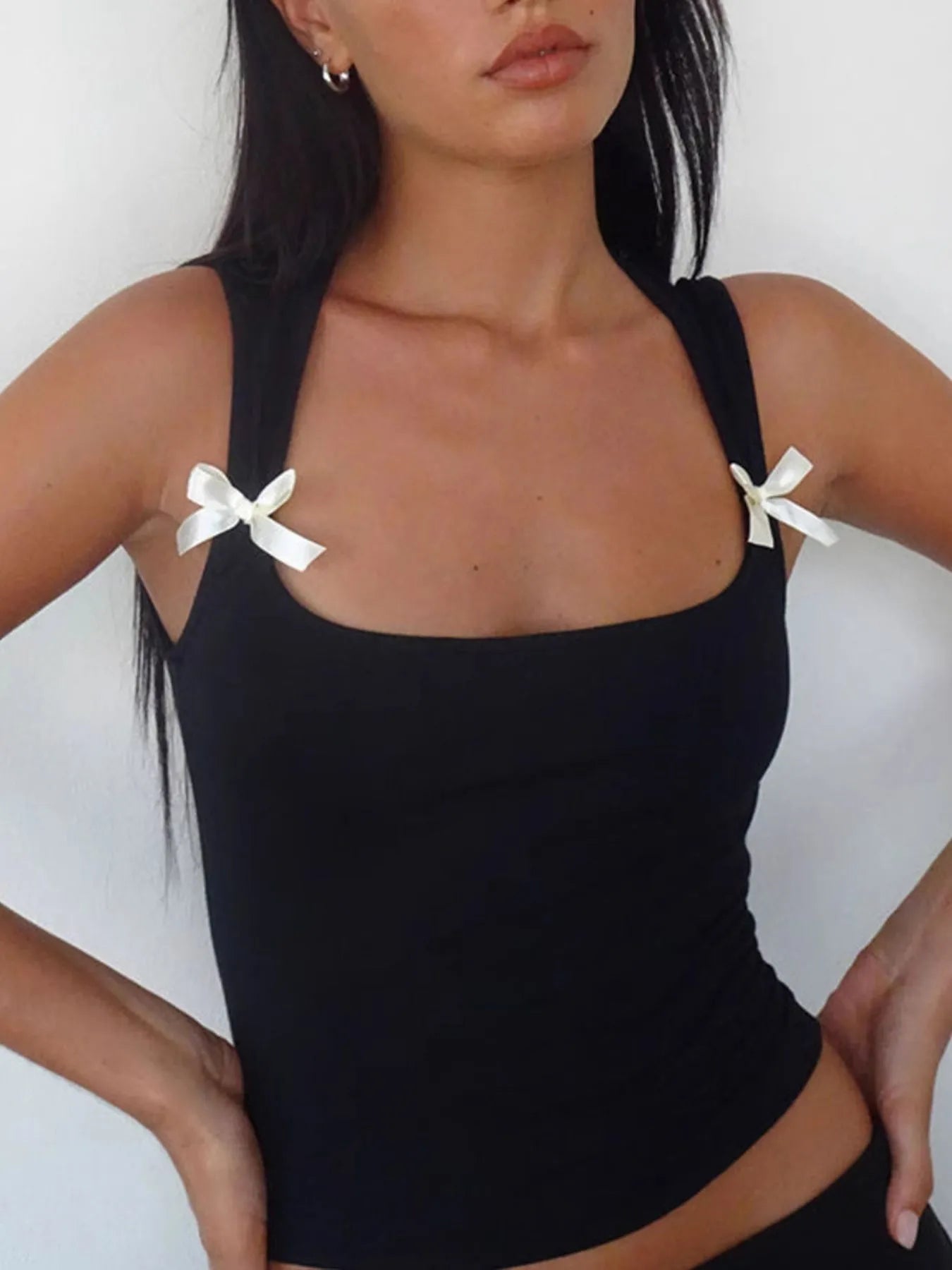 Bow Detail Square Neck Cropped Tank OutfitFlow