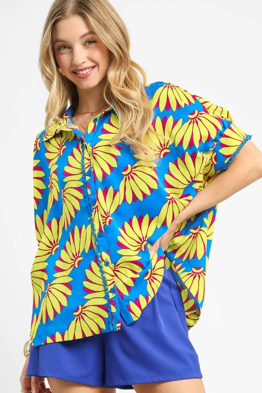 Umgee Printed Button-Up Relaxed Shirt Sky Blue OutfitFlow