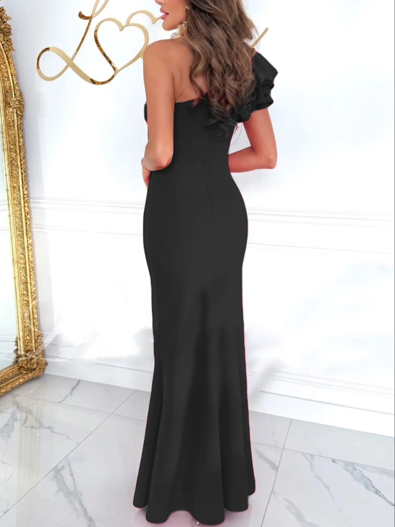 Cutout One Shoulder Ruffle Split Dress OutfitFlow