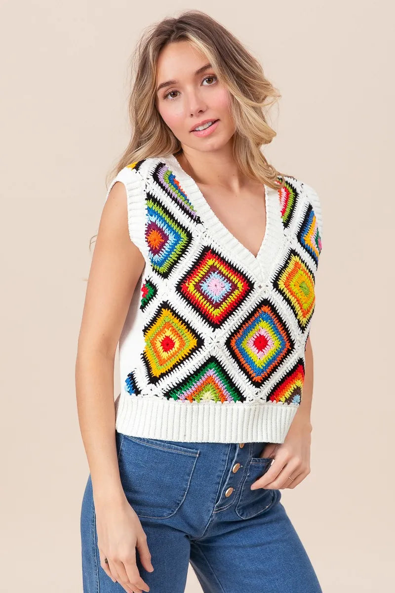BiBi Diamond Granny Square Sweater Vest OutfitFlow