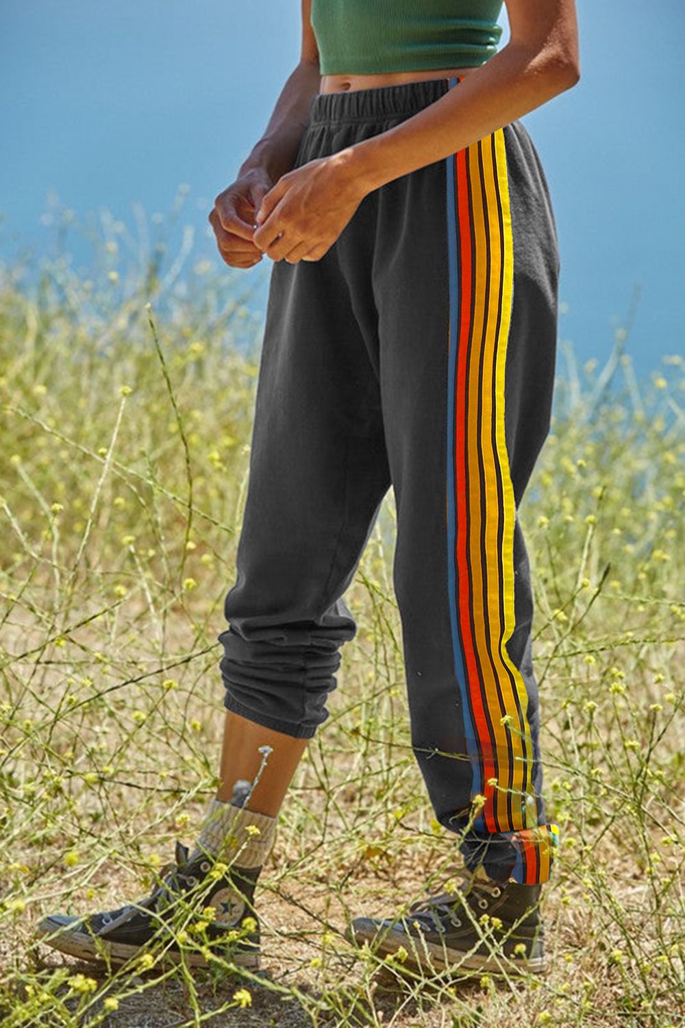 Contrast Striped Elastic Waist Active Pants Gray OutfitFlow