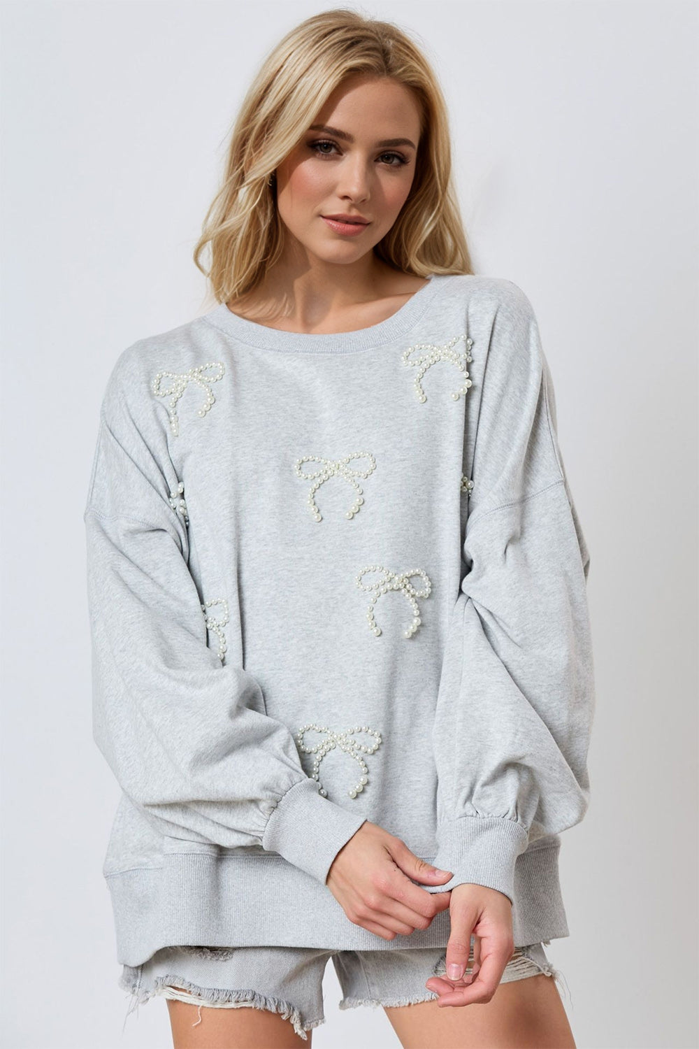 Outfit Flow - Pearl Bow Round Neck Dropped Shoulder Sweatshirt