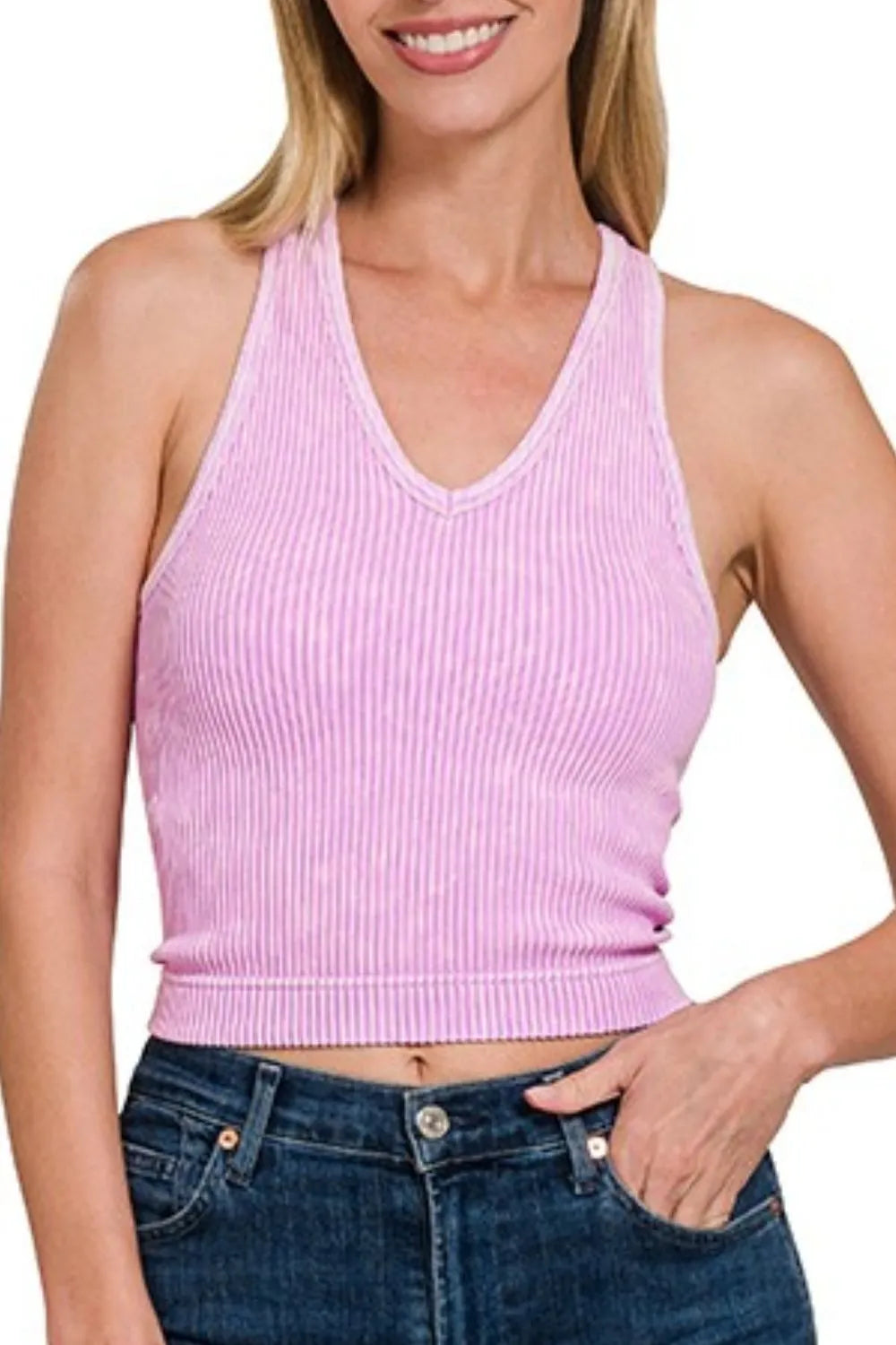 Zenana Washed Ribbed Seamless Bra Padded V-neck Tank Top OutfitFlow