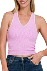 Zenana Washed Ribbed Seamless Bra Padded V-neck Tank Top OutfitFlow