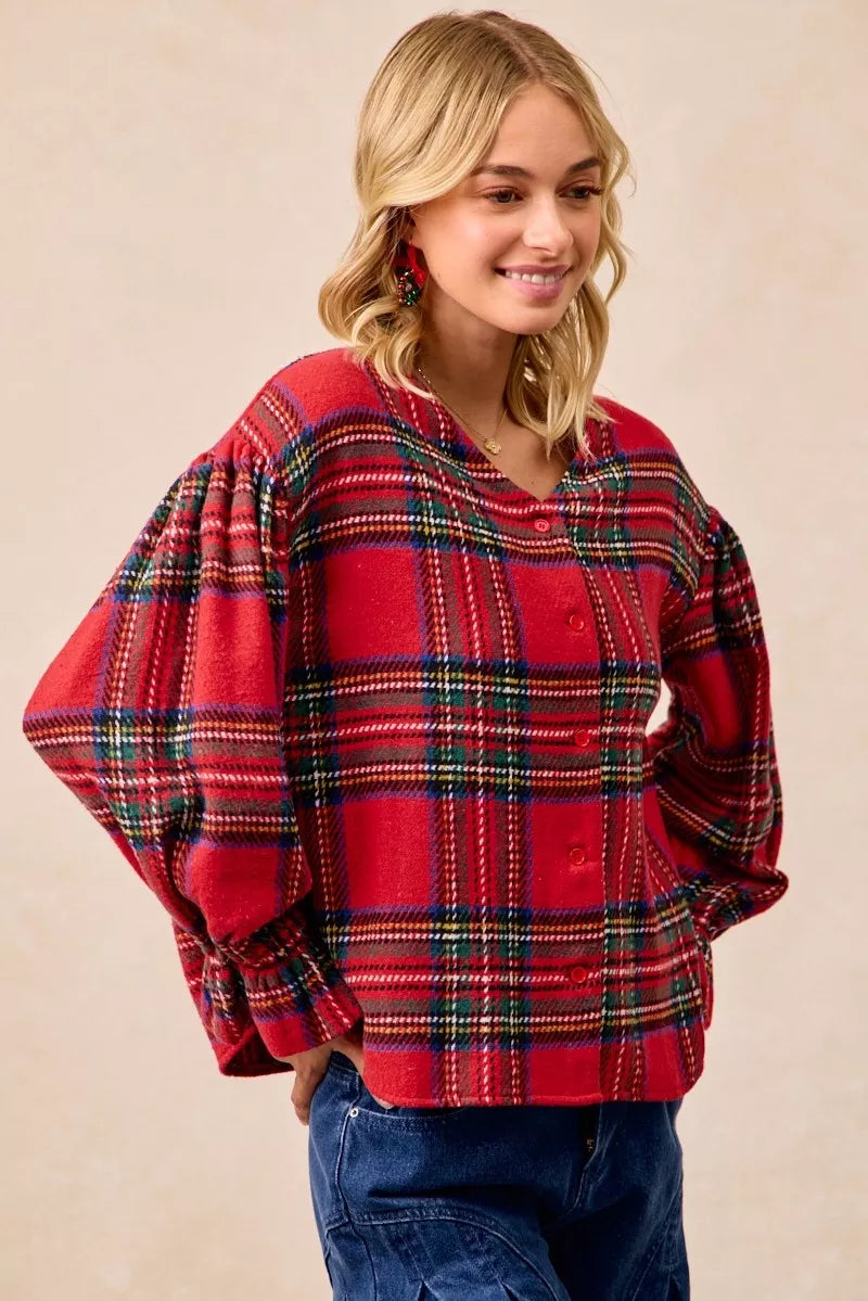 BiBi Christmas Plaid V-Neck Flounce Sleeve Jacket Trendsi