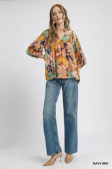 Umgee Multicolor Abstract Floral Print Blouse with Ruffle Neck OutfitFlow