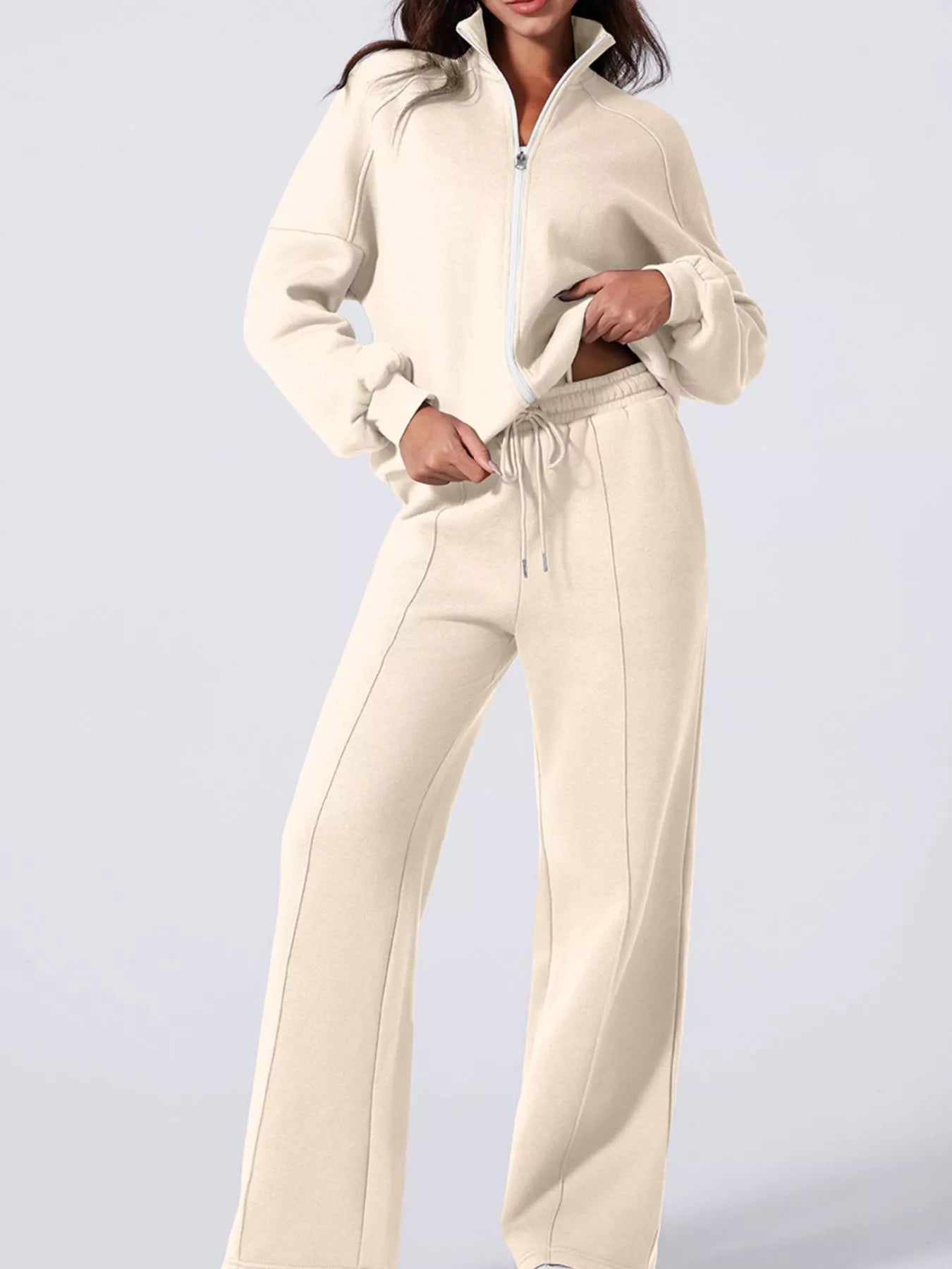 Drop Shoulder Zip Up Jacket and Drawstring Pants Active 2pcs Set OutfitFlow
