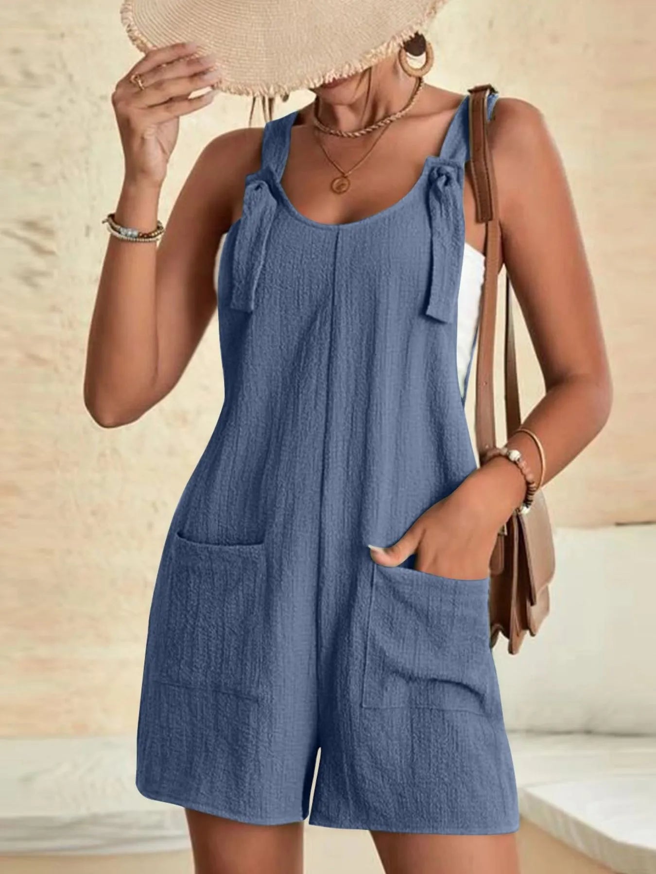 Full Size Knot Strap Romper with Pockets Plus Size Dusty Blue OutfitFlow