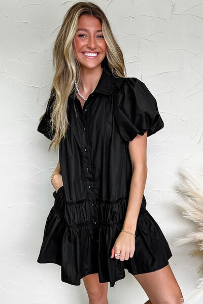 Button Down Puff Sleeve Ruffle Hem Dress OutfitFlow