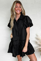 Button Down Puff Sleeve Ruffle Hem Dress OutfitFlow