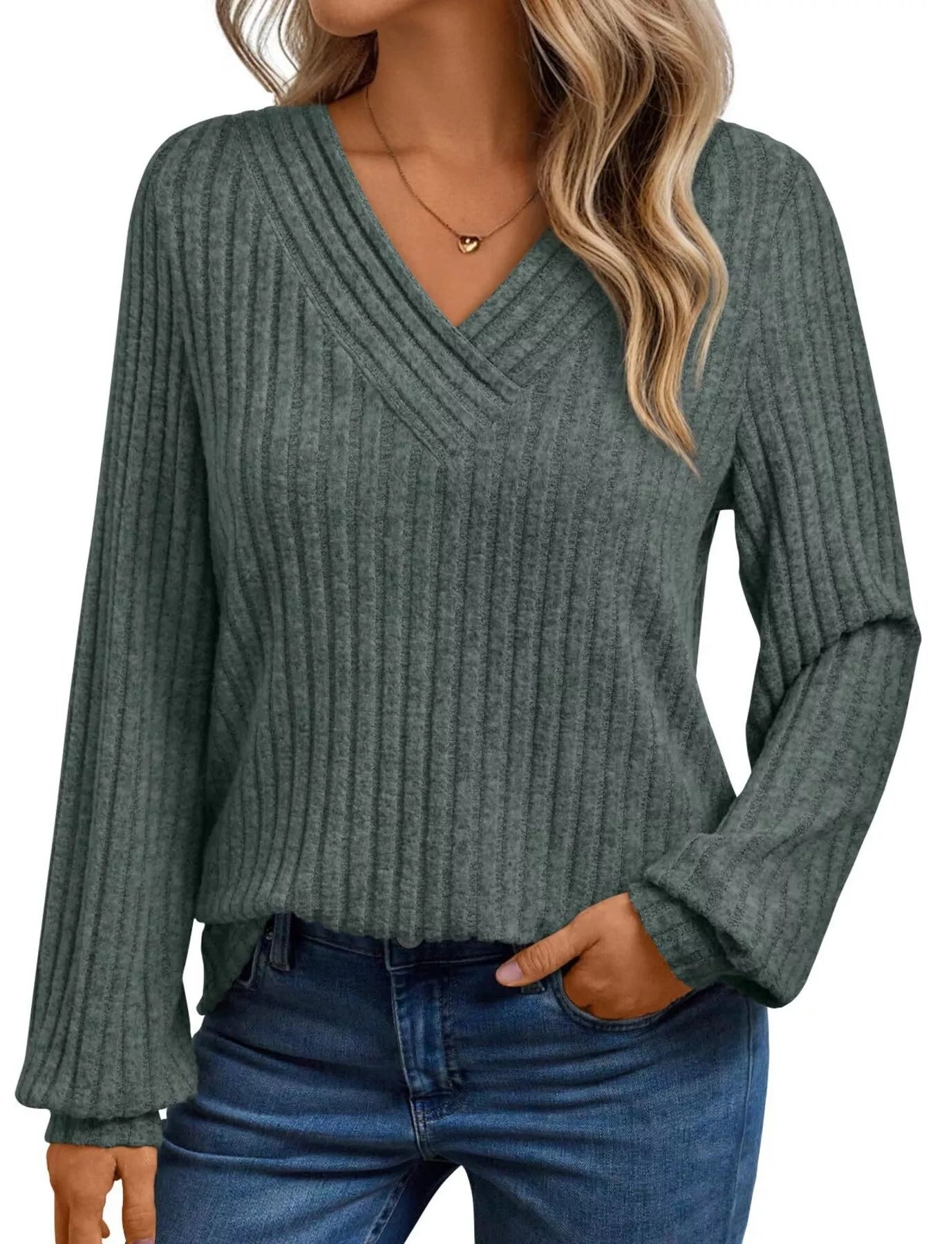 Ribbed Knit V-Neck Long Sleeve T-Shirt OutfitFlow