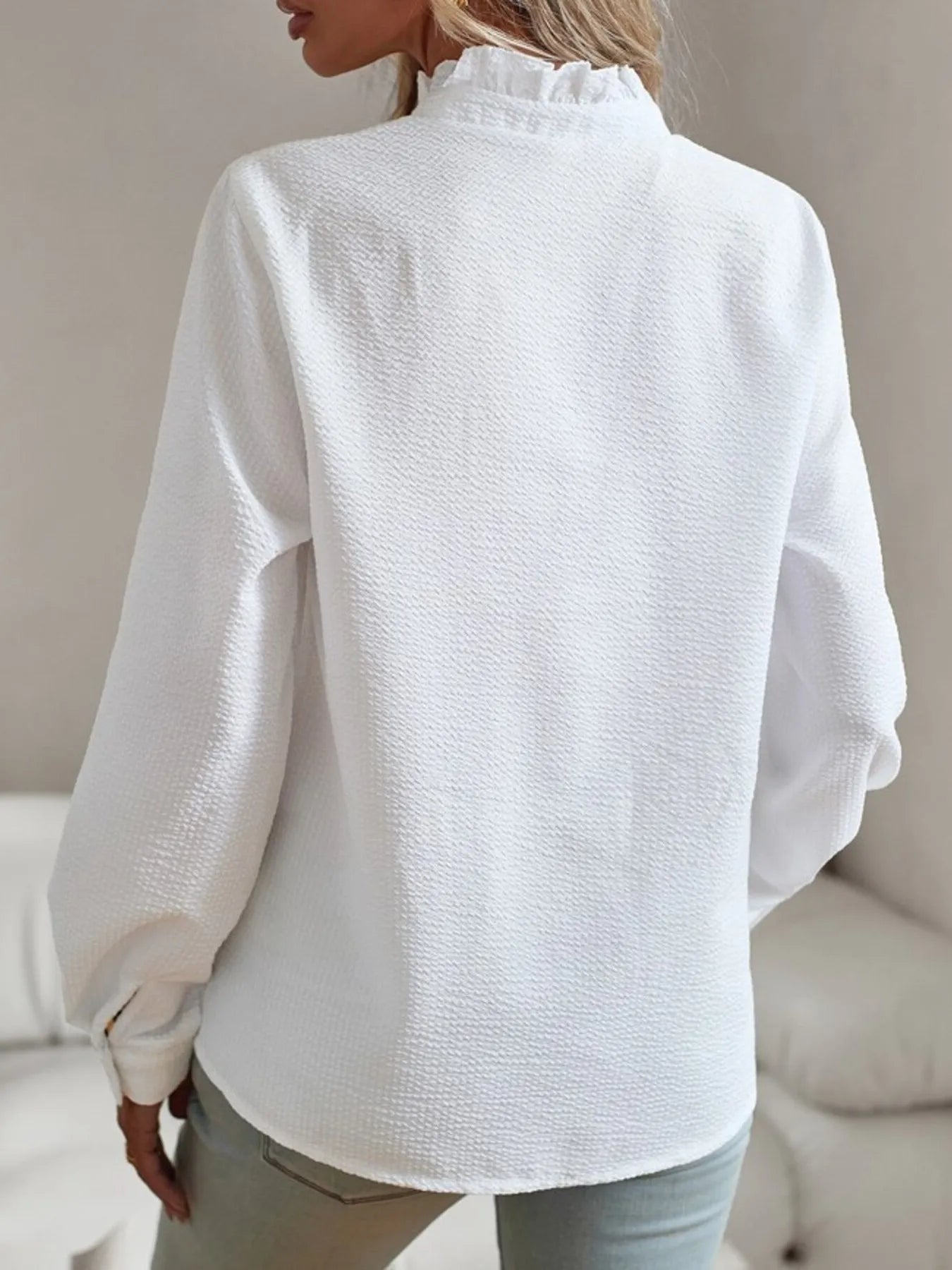 Striped Ruffle Detail Button-Up Blouse OutfitFlow