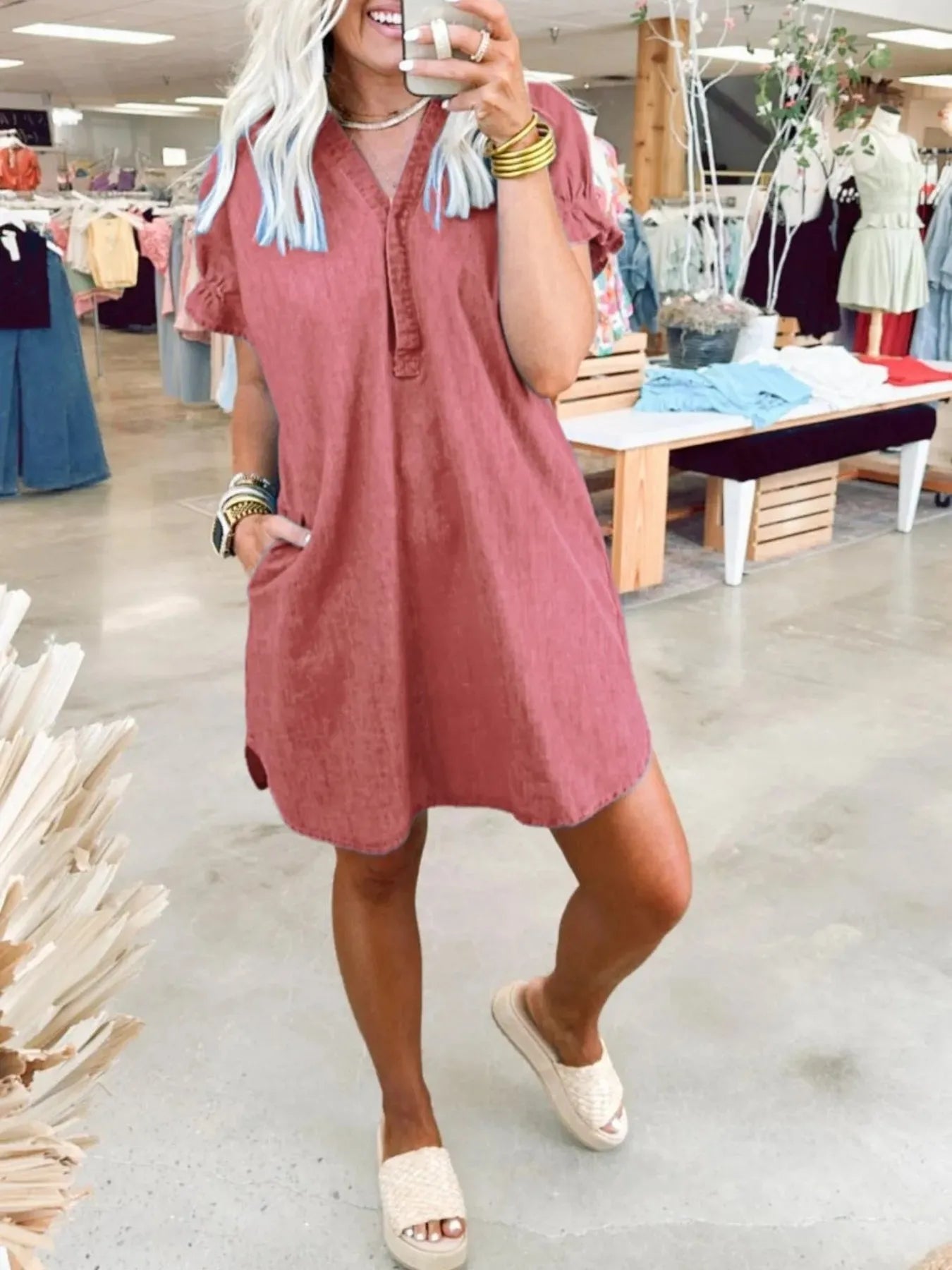 Full Size V-Neck Short Sleeve Denim Dress Plus Size Rust Red OutfitFlow