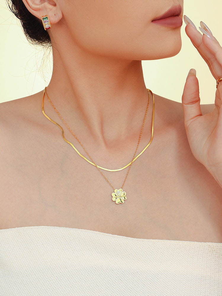 Outfit Flow - 2 Piece 18K Gold-Plated Inlaid Zircon Lucky Clover Necklace