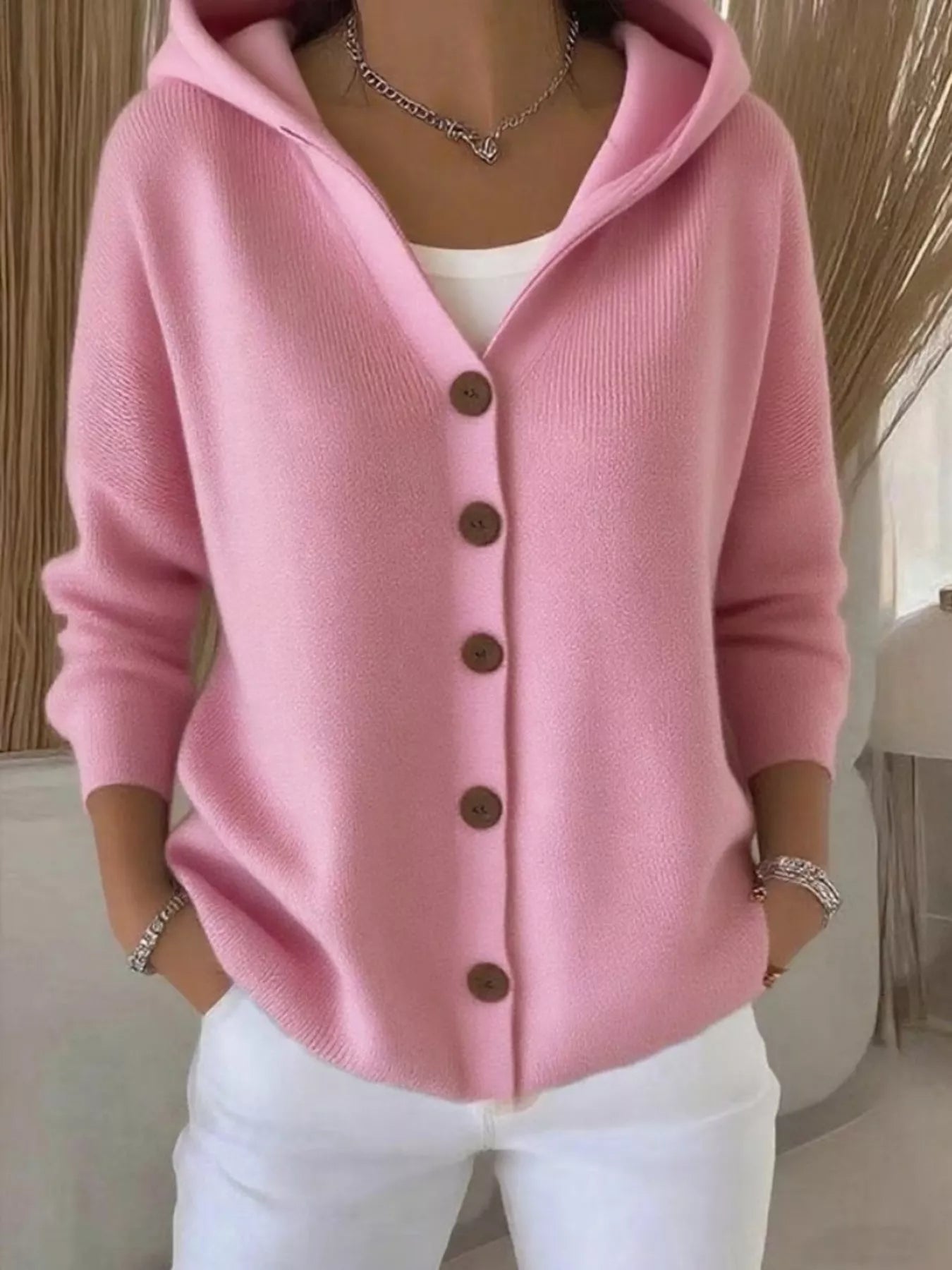 Full Size Hooded Button-Front Soft Knit Cardigan Plus Size Pink OutfitFlow