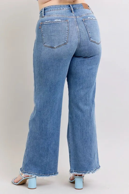 Judy Blue Full Size Raw Hem Wide Leg Jeans Plus Size OutfitFlow