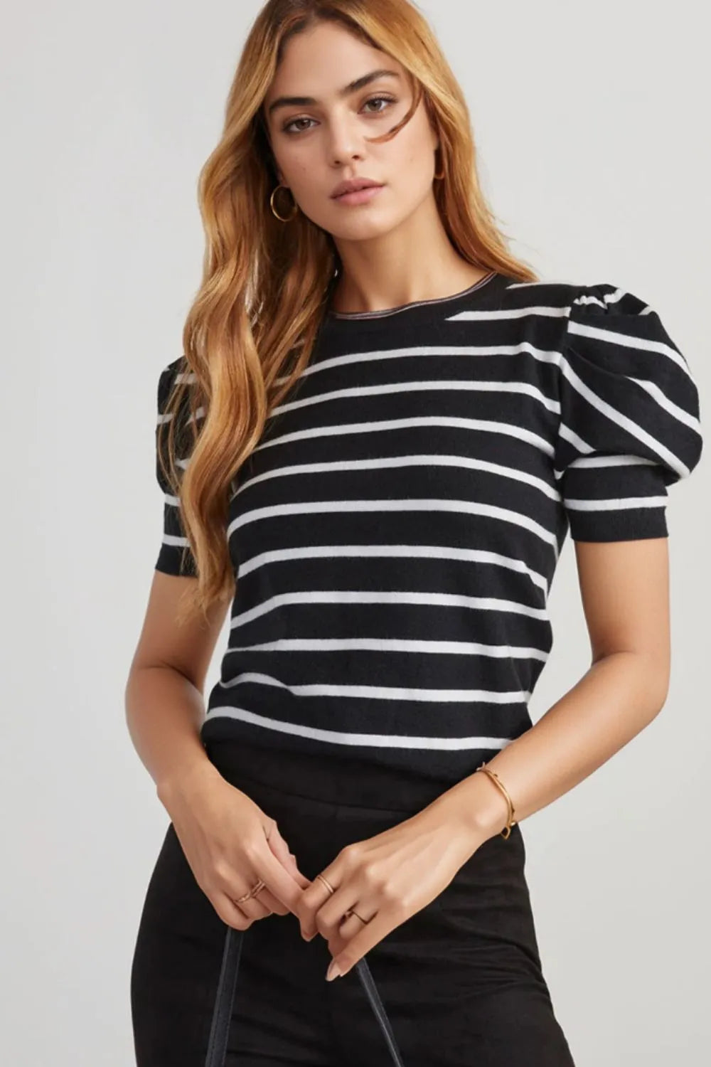 Stripe Ribbed Trim Round Neck Bubble Sleeve Knitted Top OutfitFlow