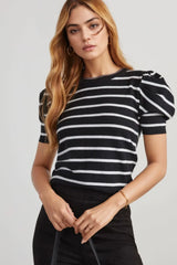 Stripe Ribbed Trim Round Neck Bubble Sleeve Knitted Top OutfitFlow