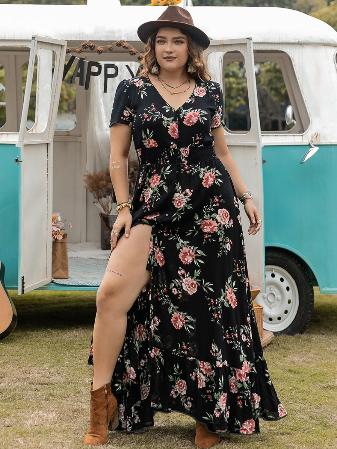 Plus Size Button Detail Printed V-Neck Short Sleeve Maxi Dress OutfitFlow