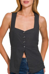 Zenana Linen Tie-back 4-button Vest with Lining OutfitFlow