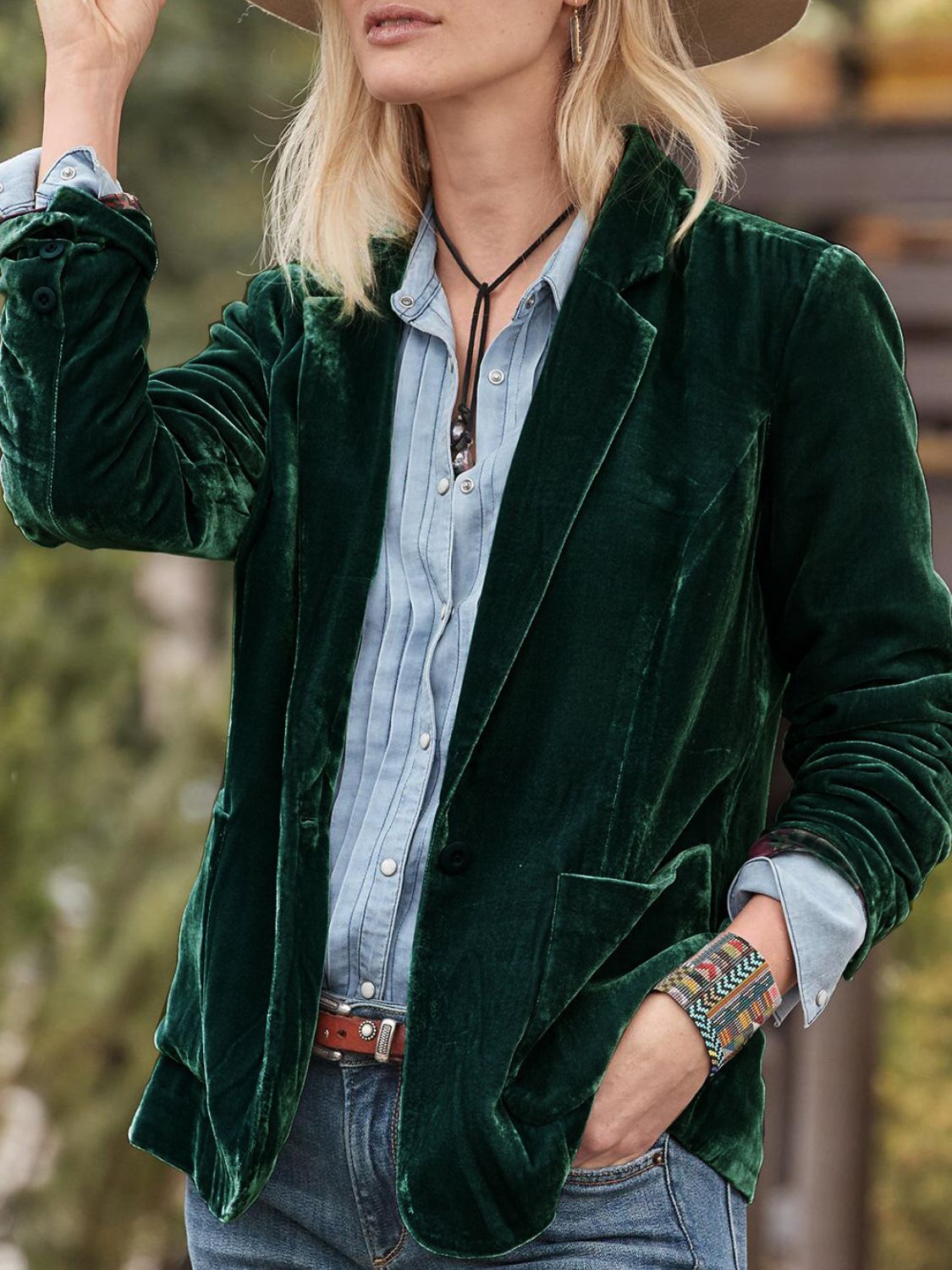 Pocketed Button Up Lapel Collar Blazer Dark Green OutfitFlow