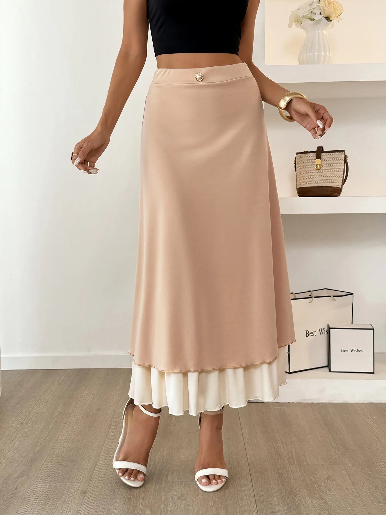 Layered Midi Skirt with Contrast Hem Detail OutfitFlow