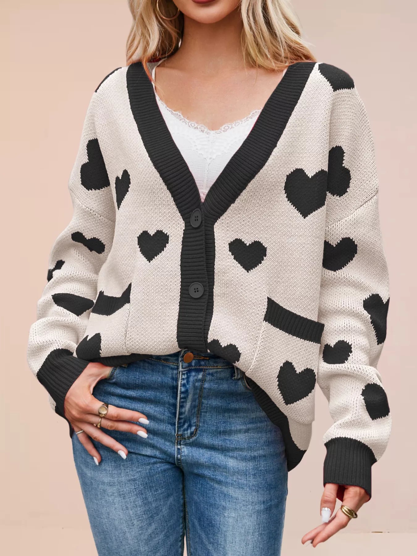 Heart Pattern Button-Up Knit Cardigan OutfitFlow