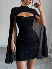 Cutout Bodycon Mini Dress with Cape Sleeves Black OutfitFlow