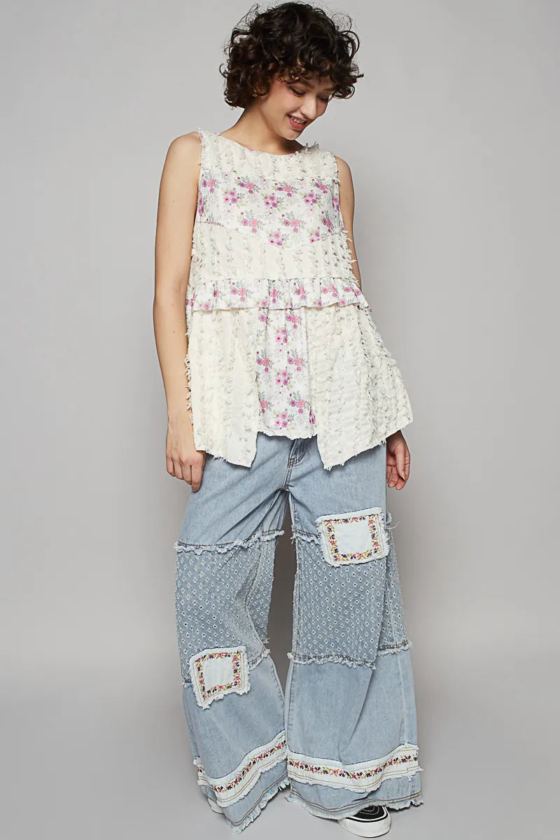 POL Floral Textured Round Neck Sleeveless Top OutfitFlow