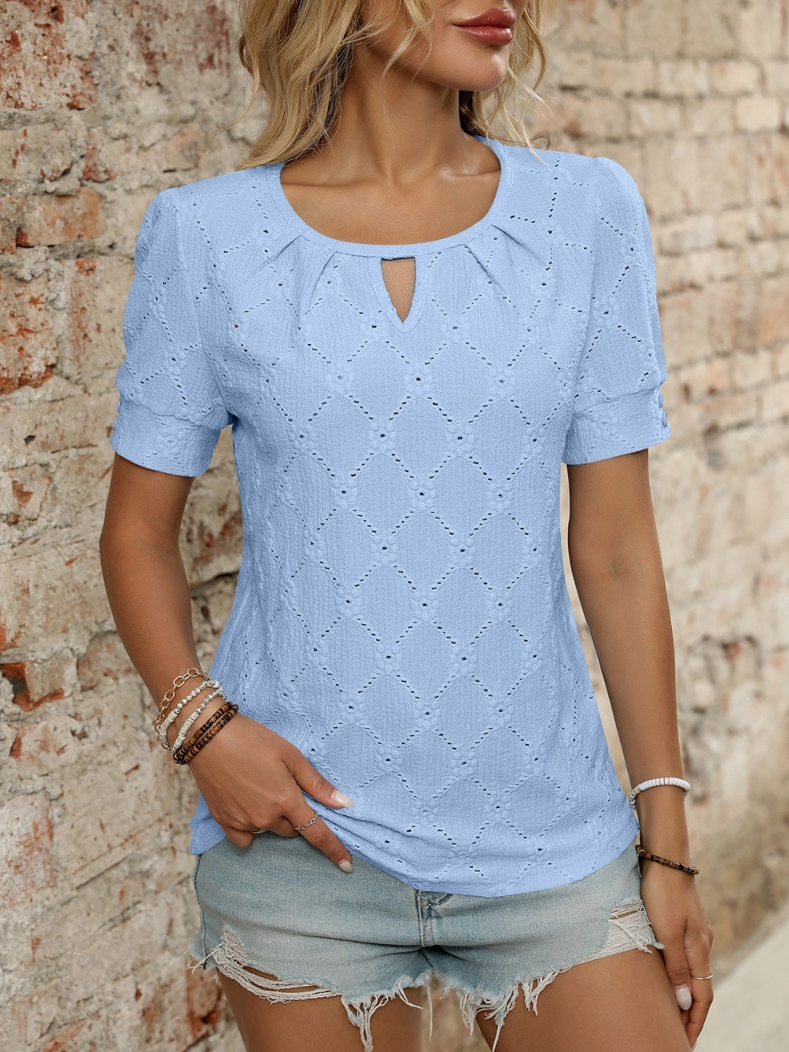 Eyelet Round Neck Short Sleeve Top OutfitFlow