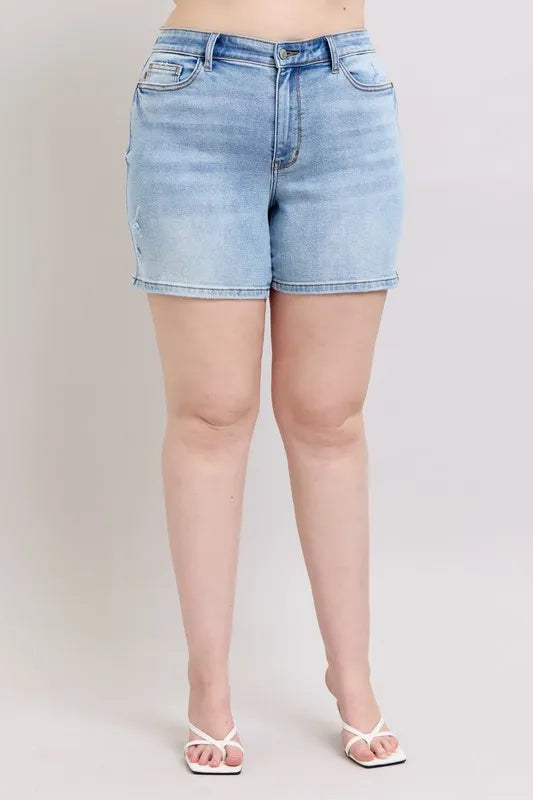 Judy Blue Full Size Mid Rise Washed Denim Shorts Plus Size OutfitFlow