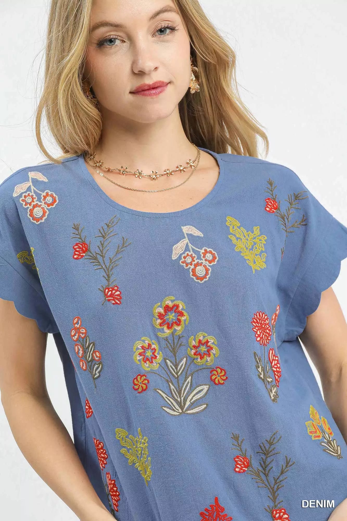 Umgee Embroidered Scallop Sleeve Top with Drawstring Hem OutfitFlow