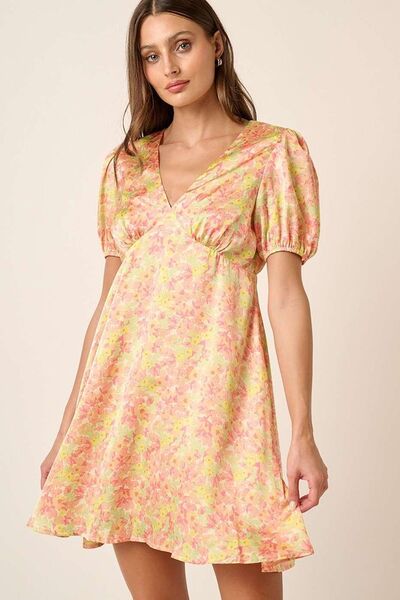 Mittoshop Printed V-Neck Puff Sleeve Mini Dress OutfitFlow