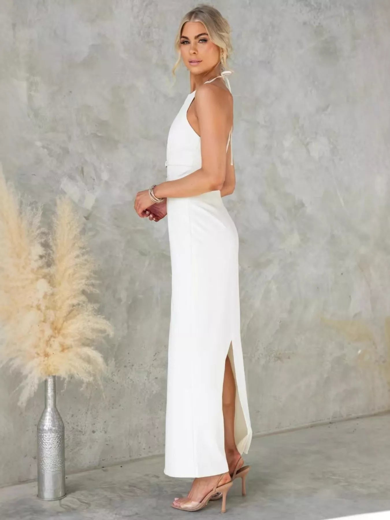 Slit Back Halter Neck Maxi Dress Gray white OutfitFlow