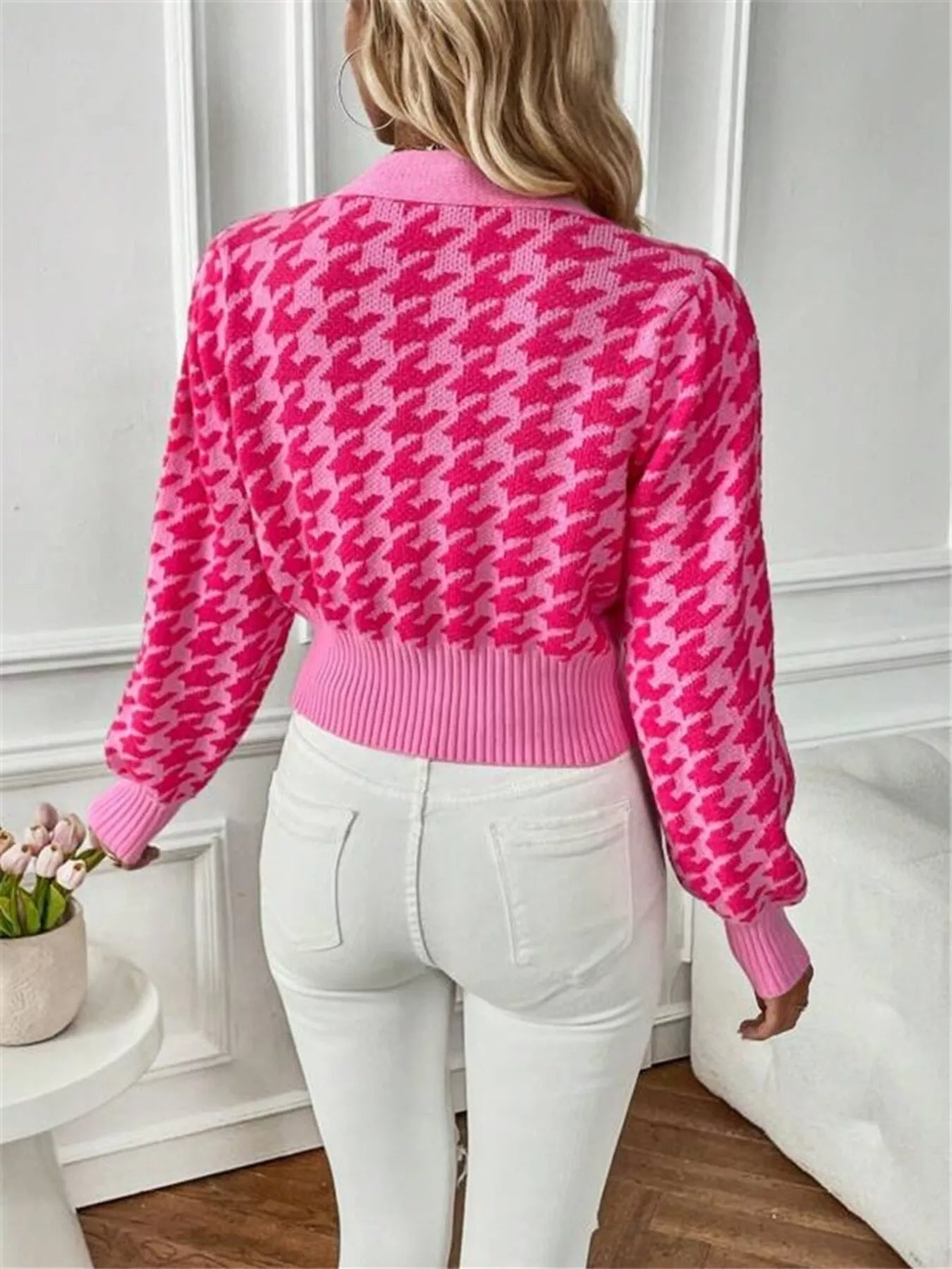Houndstooth V-Neck Button Up Cardigan OutfitFlow
