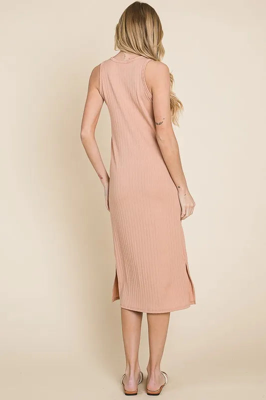 BOMBOM Ribbed Knit Sleeveless Midi Dress OutfitFlow