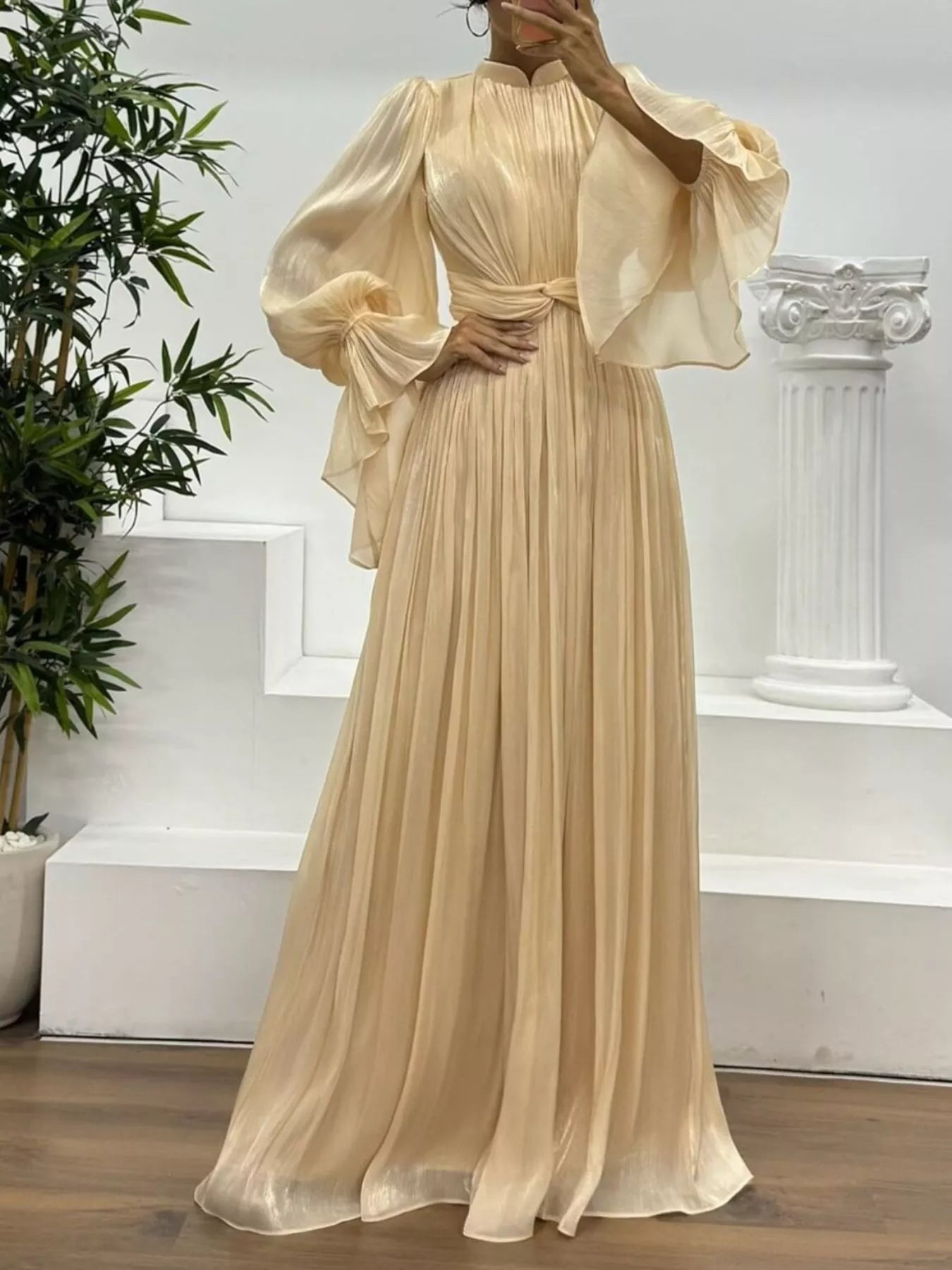Pleated Mock Neck Long Sleeve Maxi Dress OutfitFlow