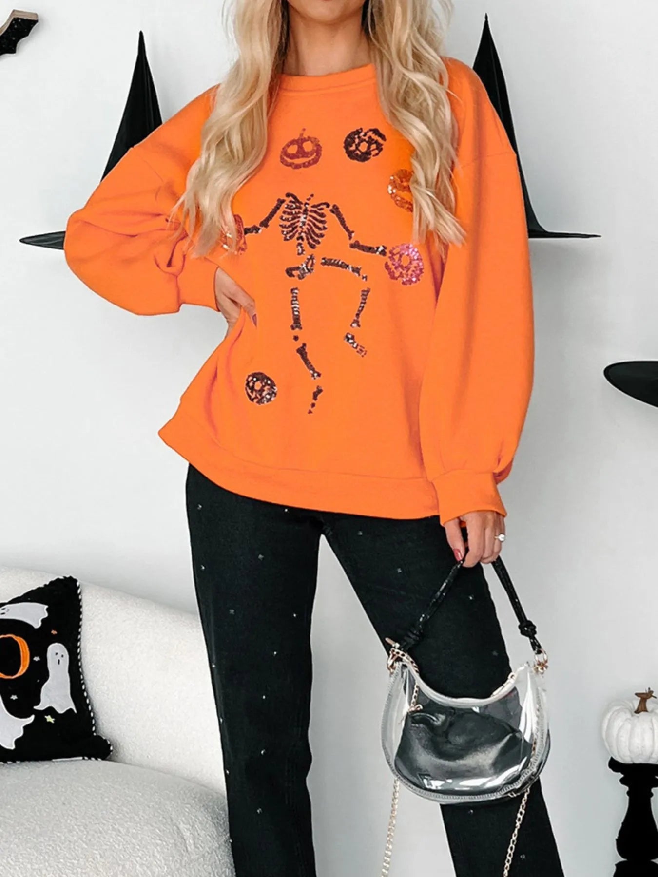 Halloween Skeleton Pumpkin Sweatshirt OutfitFlow