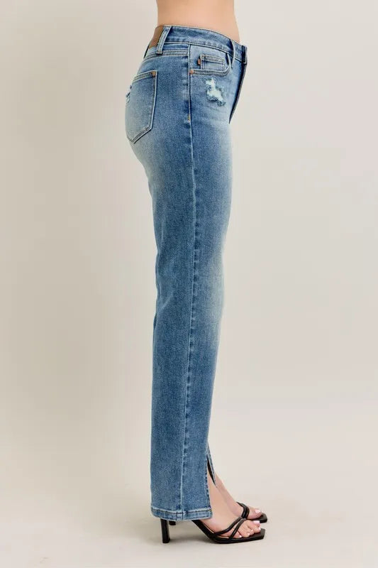 Judy Blue Full Size High Waist Vintage Wash Front Seam & Slit Straight Plus Size OutfitFlow