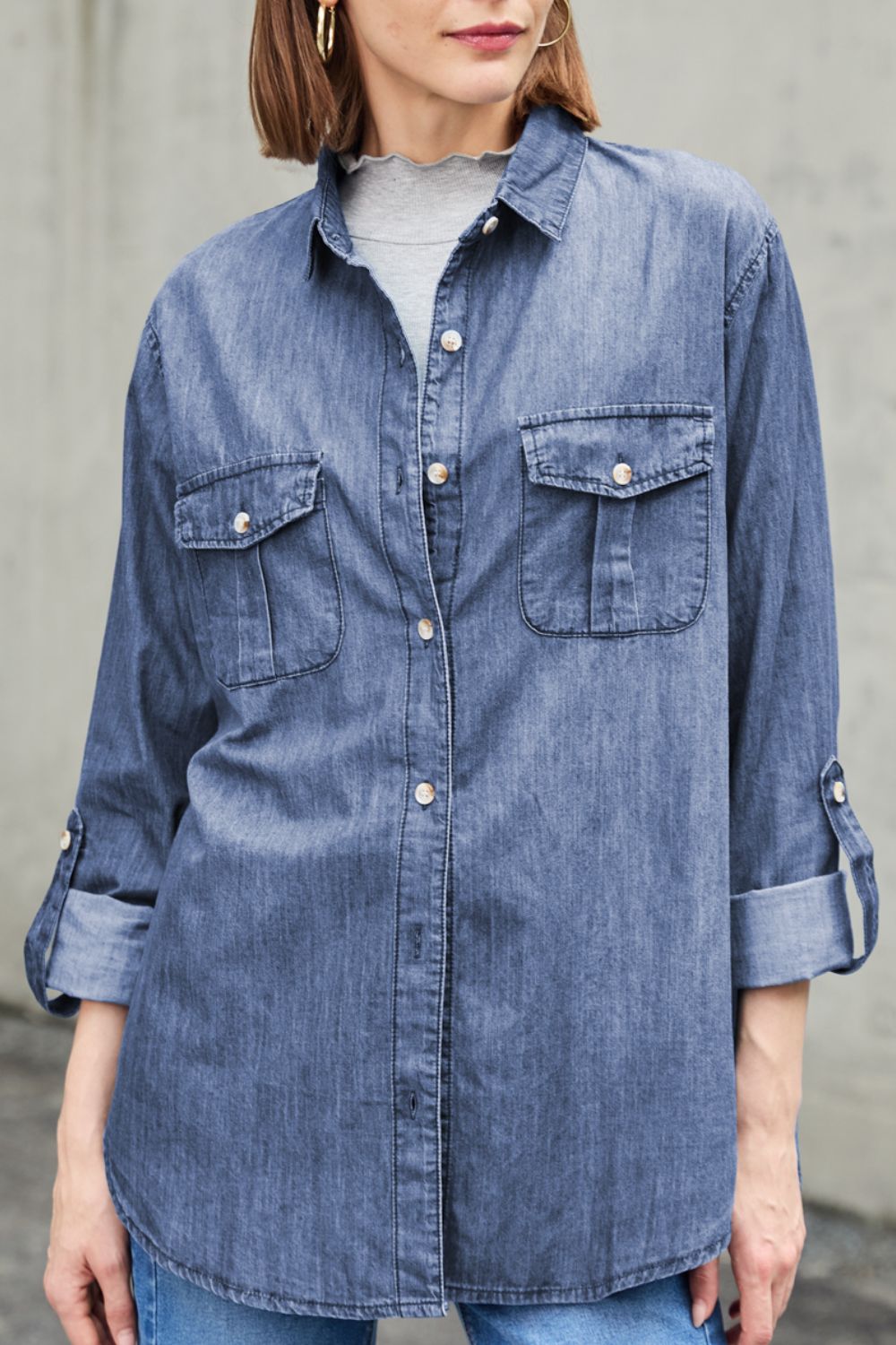 Pocketed Collared Neck Long Sleeve Denim Top OutfitFlow