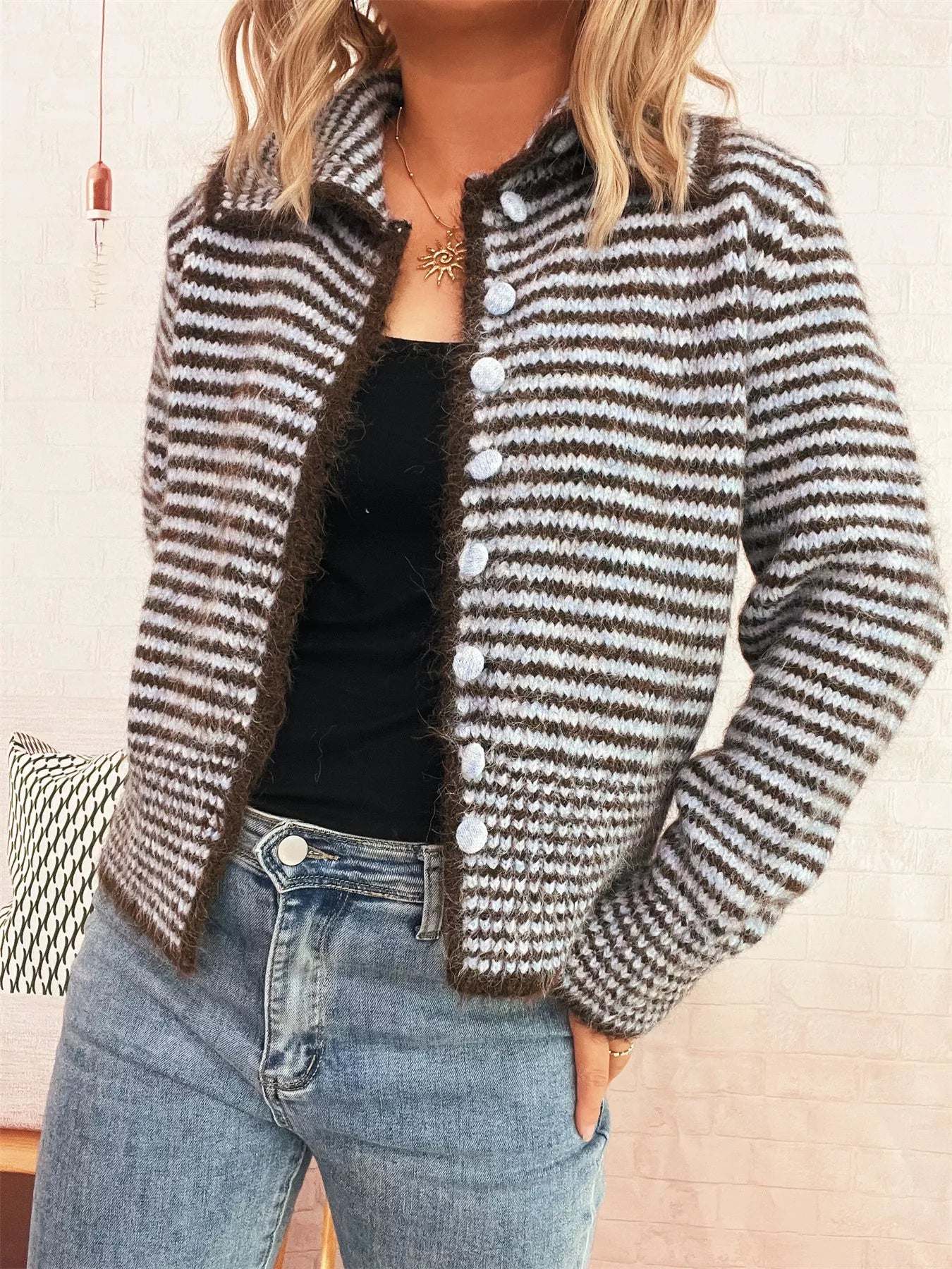 Striped Button-Up Long Sleeve Cardigan OutfitFlow