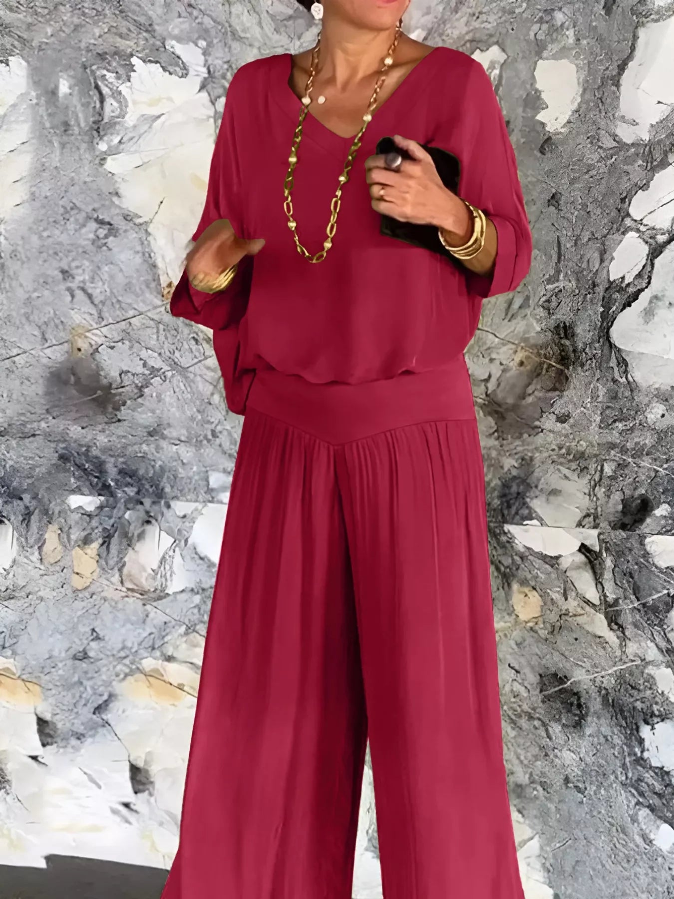 V-Neck Top and Wide Leg Pants Two-Piece Set OutfitFlow